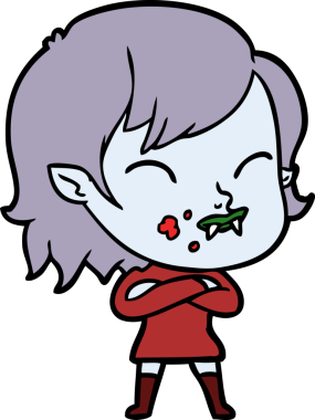 Bir insan tarafından çizilmiş yanağında kan olan vampir kız çizgi filmi.