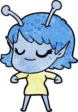 Bir insan tarafından çizilmiş gülümseyen uzaylı kız çizgi filmi.