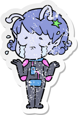 Bir insan tarafından çizilmiş, ağlayan uzaylı bir kızın sıkıntılı çıkartması.