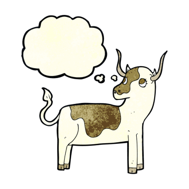 Bir insan tarafından çizilmiş düşünce balonlu çizgi film ineği.