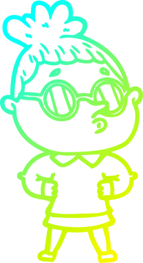 Bir insan tarafından çizilmiş gözlük takan çizgi film kadını çizimi.