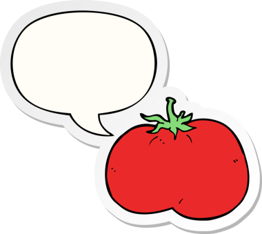Bir insan tarafından çizilmiş konuşma kabarcığı çıkartmalı domates çizgi filmi.