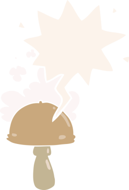 Spor bulutlu çizgi film mantarı. Konuşma baloncuğu retro tarzı bir insan tarafından çizilmiş.