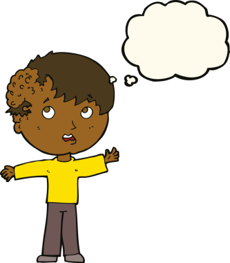 Kafasında bir insan tarafından çizilmiş düşünce balonuyla büyüyen çizgi film çocuğu.