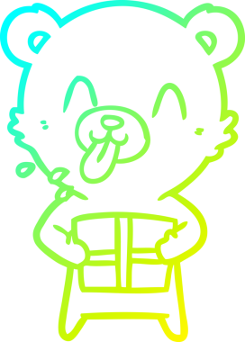 Kaba bir kutup ayısının soğuk gradyan çizimi bir insan tarafından çizilmiş bir hediyeyle dillerini dışarı çıkarıyor.