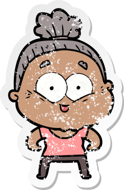 Bir insan tarafından çizilmiş mutlu, yaşlı bir kadının sıkıntılı çıkartması.