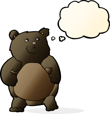 Bir insan tarafından çizilmiş düşünce baloncuklu çizgi film ayısı.