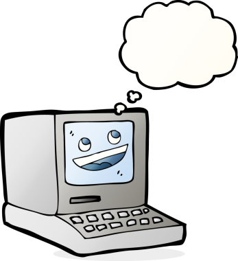 Bir insan tarafından çizilmiş düşünce baloncuklu eski bir bilgisayar.