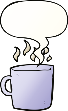 Bir insan tarafından çizilmiş yumuşak eğimli konuşma balonlu sıcak kahve fincanı.