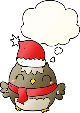 Bir insan tarafından çizilmiş yumuşak eğimli düşünce baloncuklu şirin noel baykuşu.