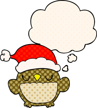 Bir insan tarafından çizilmiş çizgi roman tarzında düşünce baloncuğu olan şirin noel baykuşu.