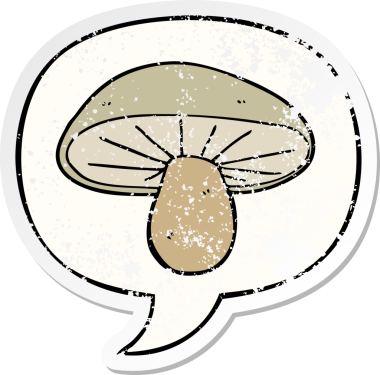 Konuşma baloncuğu olan çizgi film mantarı bir insan tarafından çizilmiş sıkıntılı eski bir çıkartma