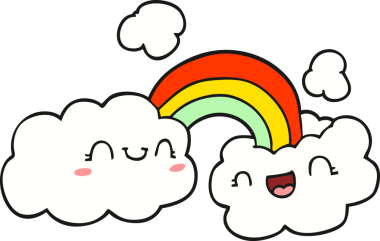 Mutlu karikatür bulutları ve bir insan tarafından çizilmiş gökkuşağı