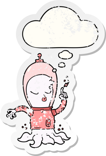 Düşünce baloncuğu olan sevimli bir uzaylı çizgi film karakteri insan tarafından çizilmiş yıpranmış bir çıkartma gibi.