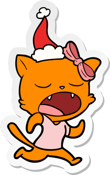 Bir insan tarafından çizilmiş Noel Baba şapkası giyen esneyen bir kedinin el yazısı.