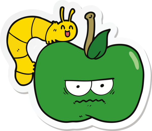 Bir insan tarafından çizilmiş huysuz elma ve tırtılın çıkartması.