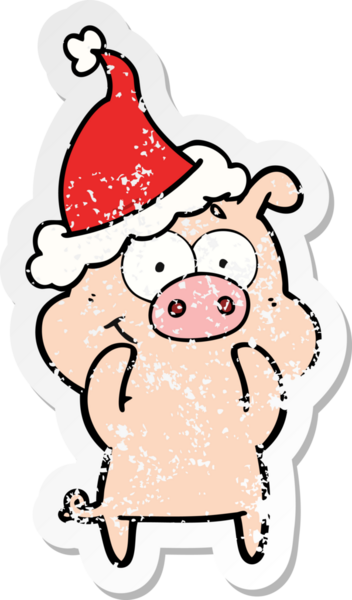 Mutlu el, insan tarafından çizilmiş Noel Baba şapkası takan bir domuzun kederli çıkartması.