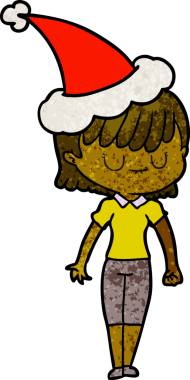 Bir insan tarafından çizilmiş Noel Baba şapkası giyen bir kadının el çizimi karikatürü.