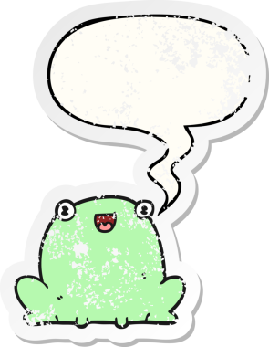 Konuşma baloncuğu olan sevimli çizgi film kurbağası bir insan tarafından çizilmiş sıkıntılı eski bir çıkartma.