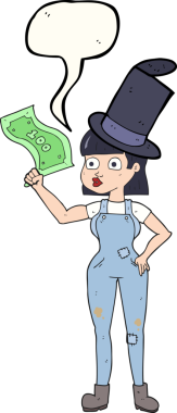 Serbest konuşma balonu çizen karikatür kadın bir insan tarafından çekilen paraya tutunuyor.