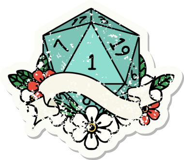 Bir insan tarafından çizilmiş doğal bir d20 zarının grunge çıkartması.