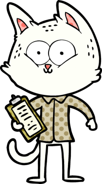 Bir insan tarafından çizilmiş panosu olan çizgi film kedisi.