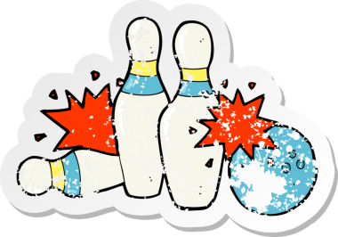 Çizgi film bowling topu çıkartması ve bir insan tarafından çizilmiş Skittles.