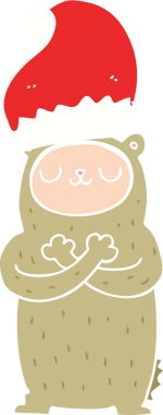 Düz renkli çizgi film ayısı bir insan tarafından çizilmiş noel şapkası giyiyor.