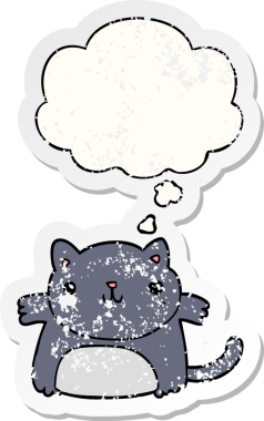 Düşünce baloncuğu olan çizgi film kedisi insan tarafından çizilmiş yıpranmış bir çıkartma.