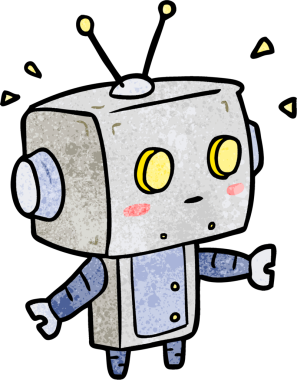 Bir insan tarafından çizilmiş sevimli, şaşkın robot çizgi film