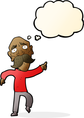 Karikatür üzgün yaşlı adam bir insan tarafından çizilmiş düşünce balonuyla işaret ediyor.