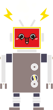 Bir insan tarafından çizilmiş mutlu bir robotun düz renkli retro karikatürü