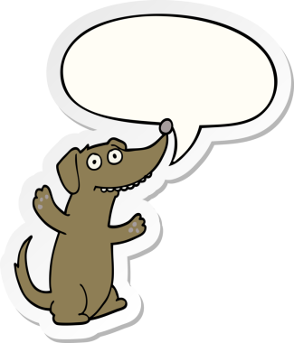 Bir insan tarafından çizilmiş konuşma balonu çıkartmalı çizgi film köpeği.