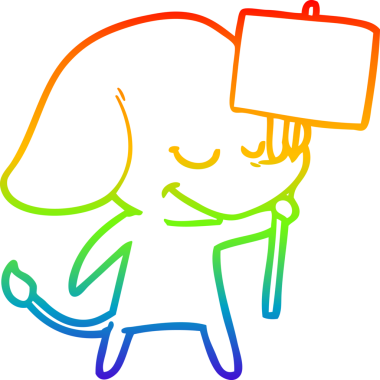 Gökkuşağı gradyan çizgi çizimi bir insan tarafından çizilmiş pankartla gülümseyen bir fil.