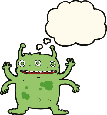 Bir insan tarafından çizilmiş düşünce baloncuğu olan uzaylı yaratık çizgi filmi.