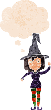 Düşünce baloncuklu çizgi film cadısı grunge sıkıntılı retro dokuma tarzı bir insan tarafından çizilmiş