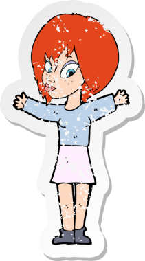 Bir insan tarafından çizilmiş, kolları açık, karikatür bir kadının gerilmiş çıkartması.