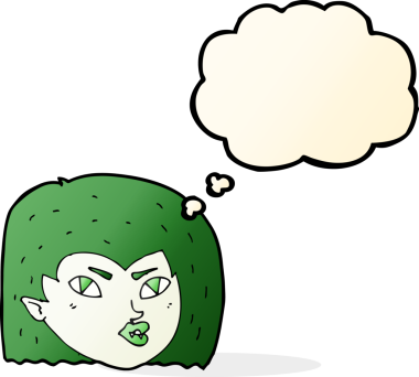 Bir insan tarafından çizilmiş düşünce baloncuklu vampir yüzü.