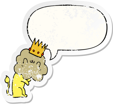 Sözcük baloncuklu çizgi film aslanı bir insan tarafından çizilmiş sıkıntılı eski bir çıkartma.