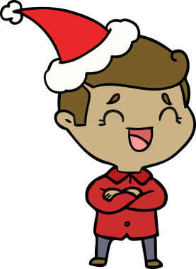 Bir insan tarafından çizilmiş Noel Baba şapkası takan gülen bir adamın el çizimi.