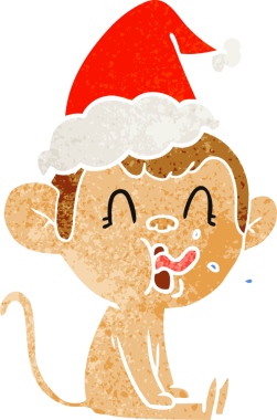 Çılgın el, insan tarafından çizilmiş Noel Baba şapkası takan bir maymunun retro karikatürünü çizdi.