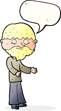 Bir insan tarafından çizilmiş konuşma balonu olan mutlu sakallı bir adam.