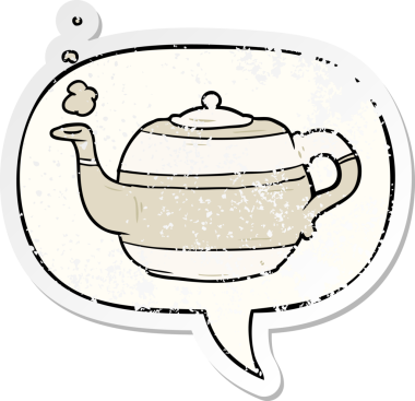 Bir insan tarafından çizilmiş sıkıntılı eski bir çıkartma ile konuşma balonlu çizgi film çaydanlığı