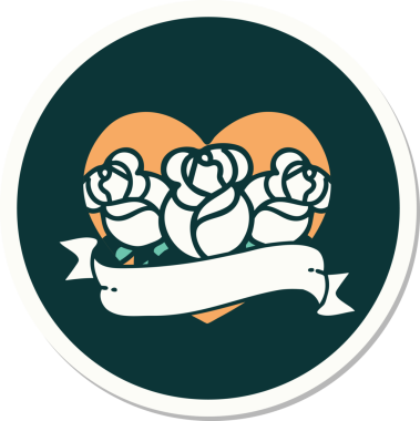 Geleneksel kalp stili dövme çıkartması ve bir insan tarafından çizilmiş çiçekli pankart.