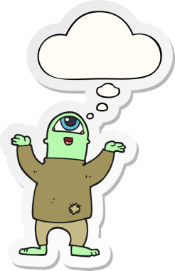 Karikatür cadılar bayramı canavarı. Düşünce baloncuğu insan tarafından çizilmiş bir çıkartma.