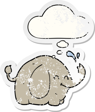 Düşünce baloncuğu olan karikatür fili insan tarafından çizilmiş yıpranmış bir çıkartma gibi.