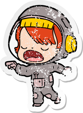 Bir insan tarafından çizilmiş sıkıntılı bir karikatür çıkartması konuşan astronot.