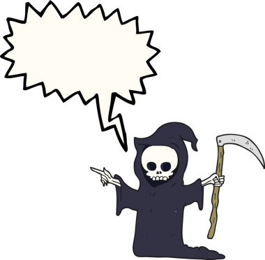 Bir insan tarafından çizilmiş tırpanla serbest konuşma balonu karikatürü ölümü