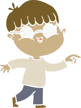 Bir insan tarafından çizilmiş gözlük takan düz renkli çizgi film çocuğu.