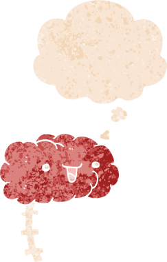 Mutlu çizgi film beyni. Düşünce baloncuğu ve grunge dertli retro dokuma bir insan tarafından çizilmiş.